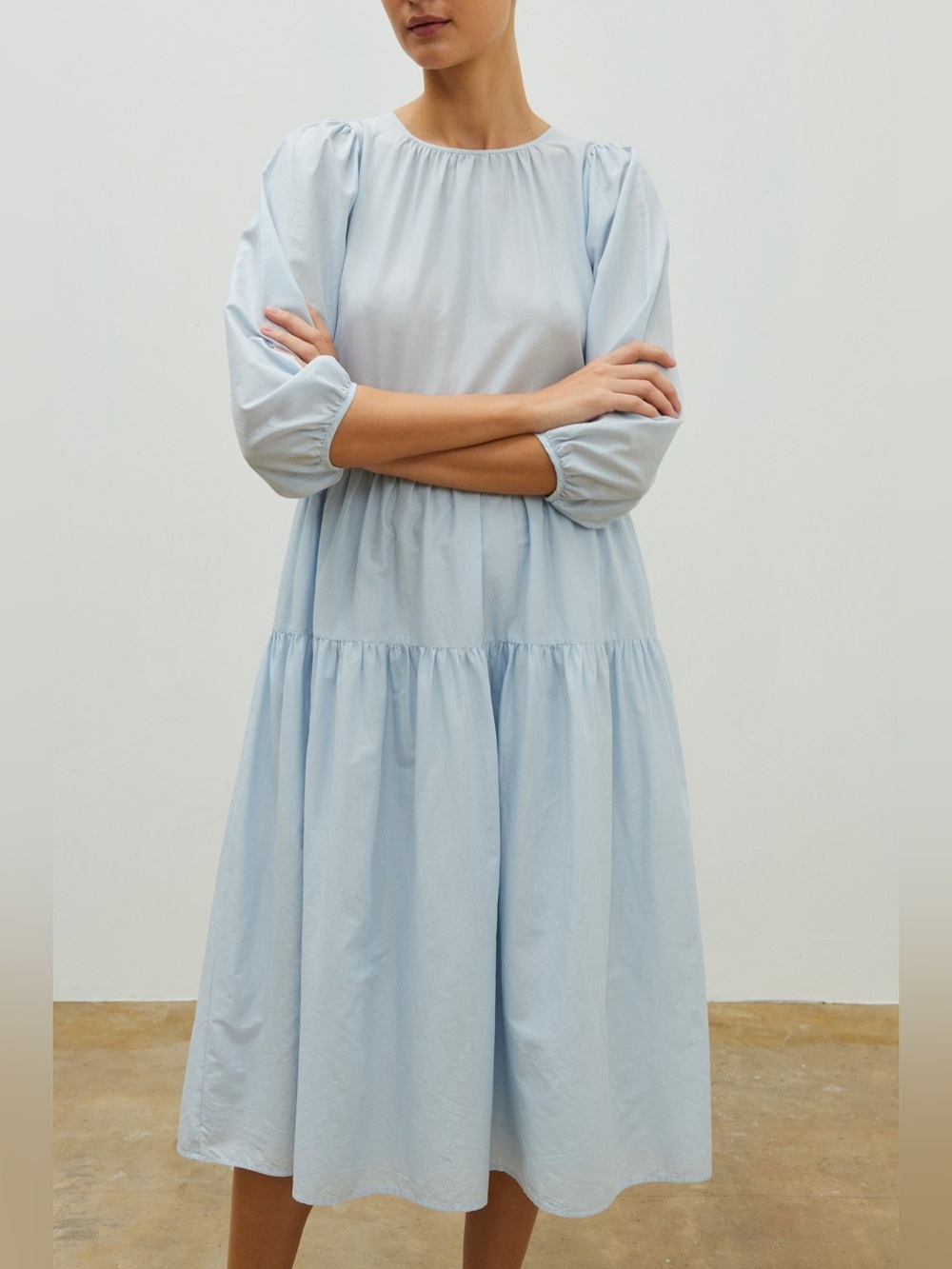 SOMETHING TO HOLD 100% Japanese Organic Cotton Tiered Light Blue Pockets Dress - Picture 5 of 10